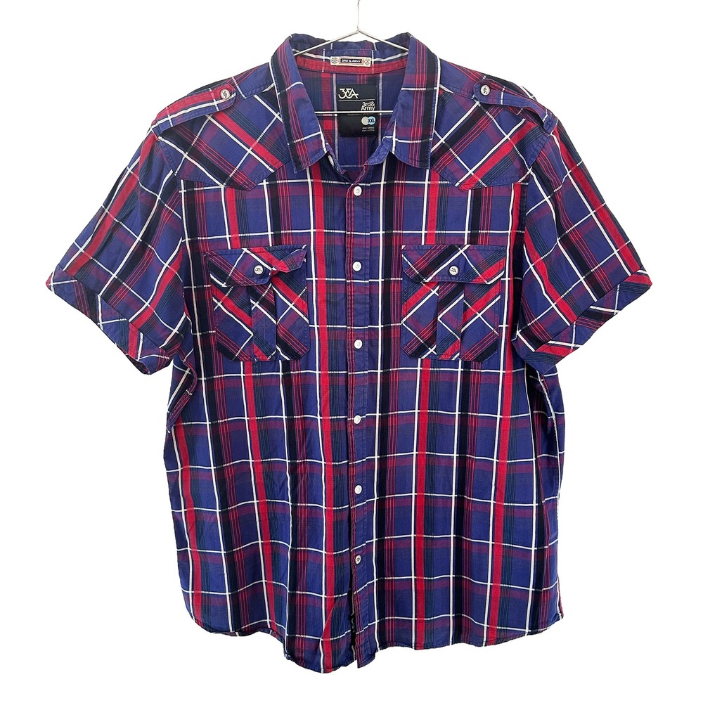 3RD & ARMY Men's Plaid Short Sleeve Button Up Shirt • XXL • blue, red,‎ white